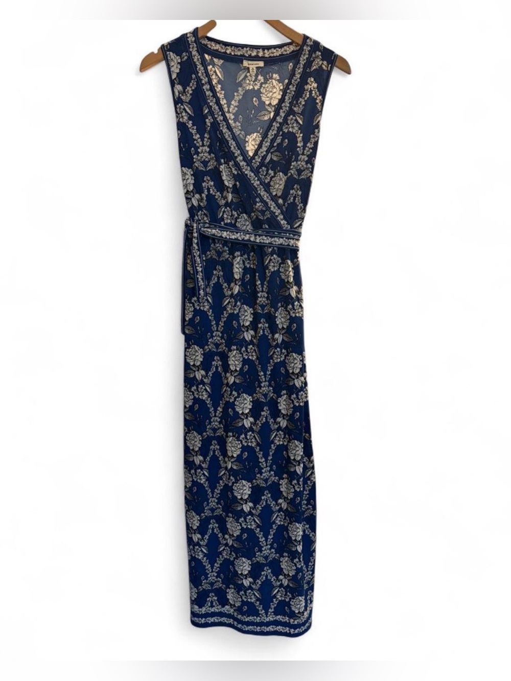 Max Studio Navy Floral Wrap Stretch Maxi Dress with Cream Print